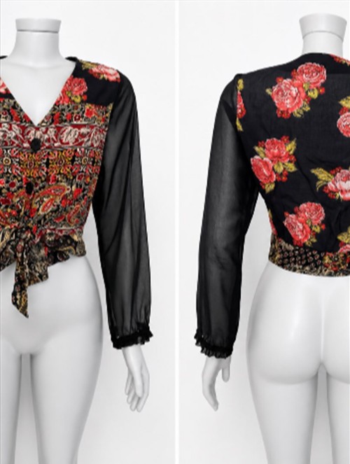 Blusa Floral Manga Couro — Blusas & Casacos